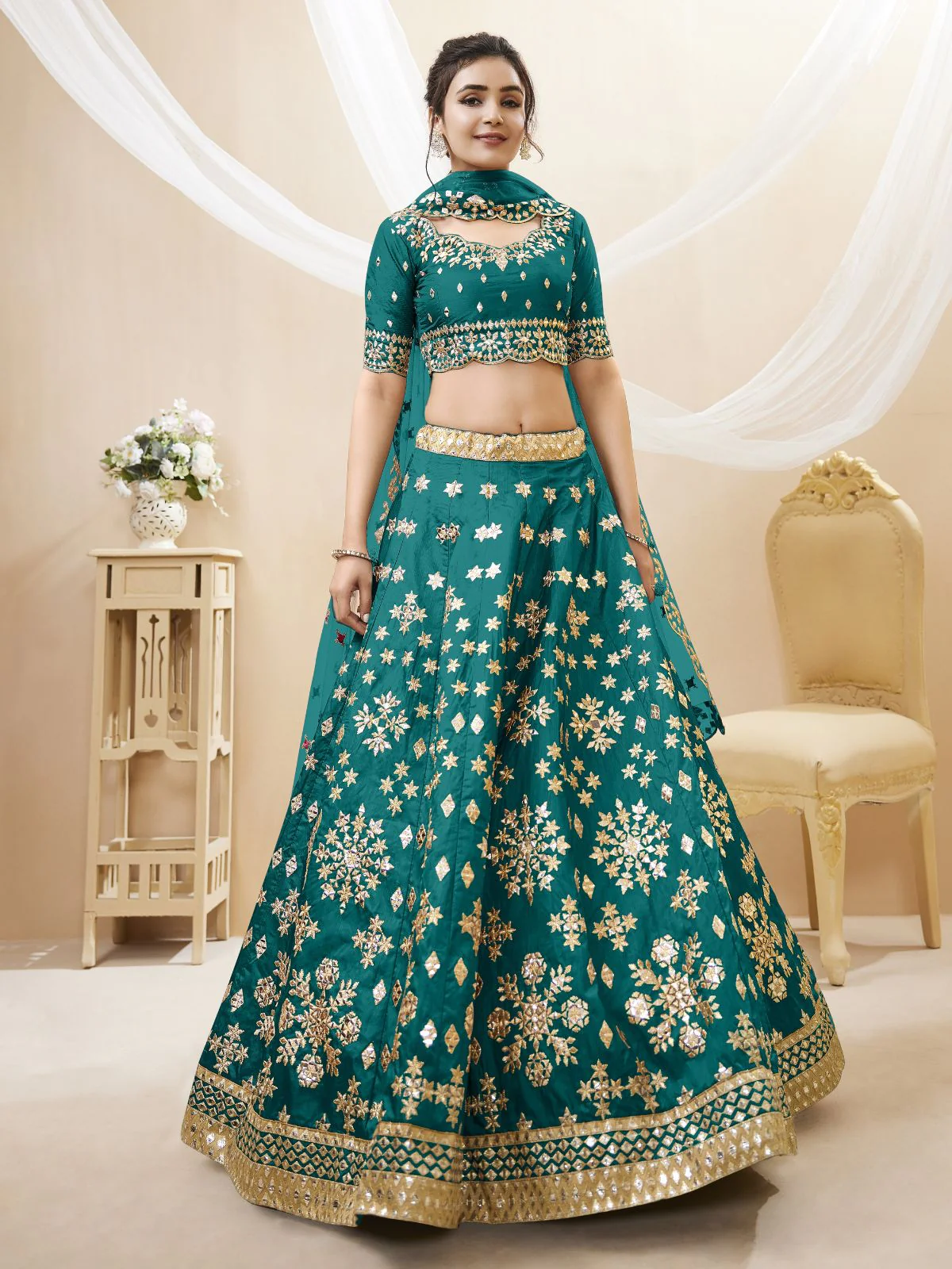 Odette Green Art Silk Embroidered Semi Stitched Lehenga With Unstitched Blouse For Women - Image 2