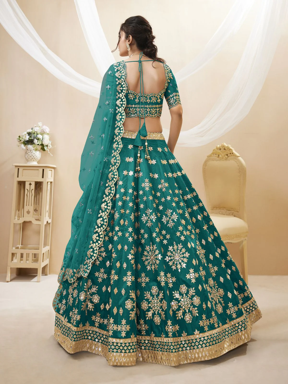 Odette Green Art Silk Embroidered Semi Stitched Lehenga With Unstitched Blouse For Women - Image 3