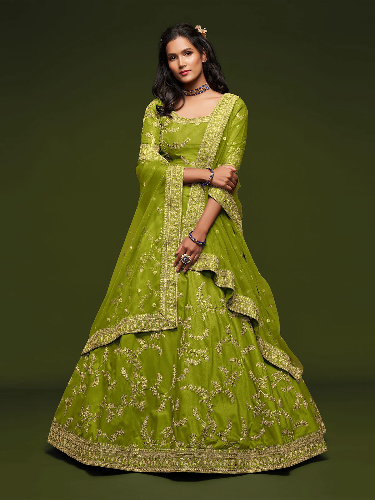 Odette Green Art Silk Embroidered Semi Stitched Lehenga With Unstitched Blouse For Women - Image 2