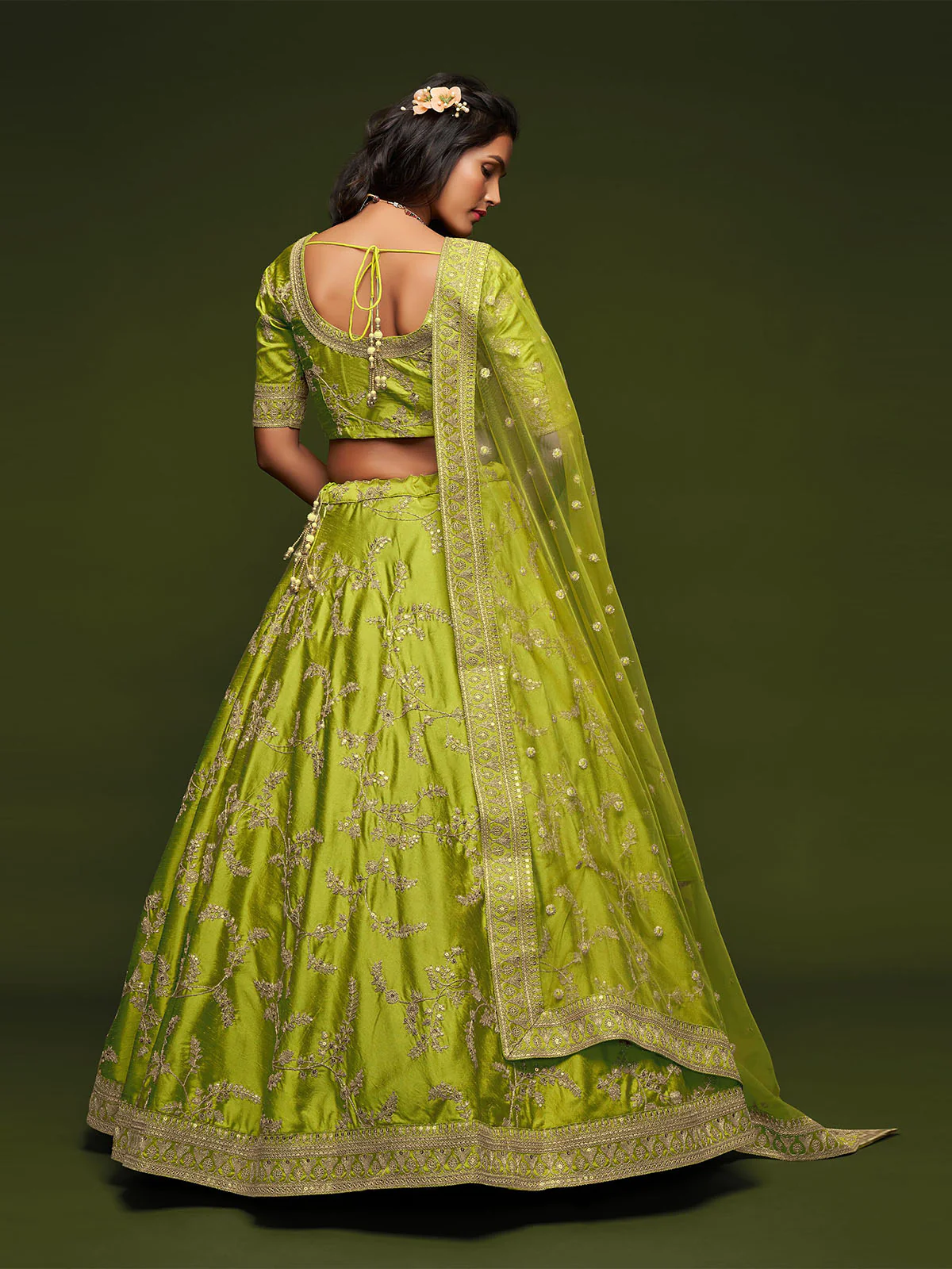 Odette Green Art Silk Embroidered Semi Stitched Lehenga With Unstitched Blouse For Women - Image 3
