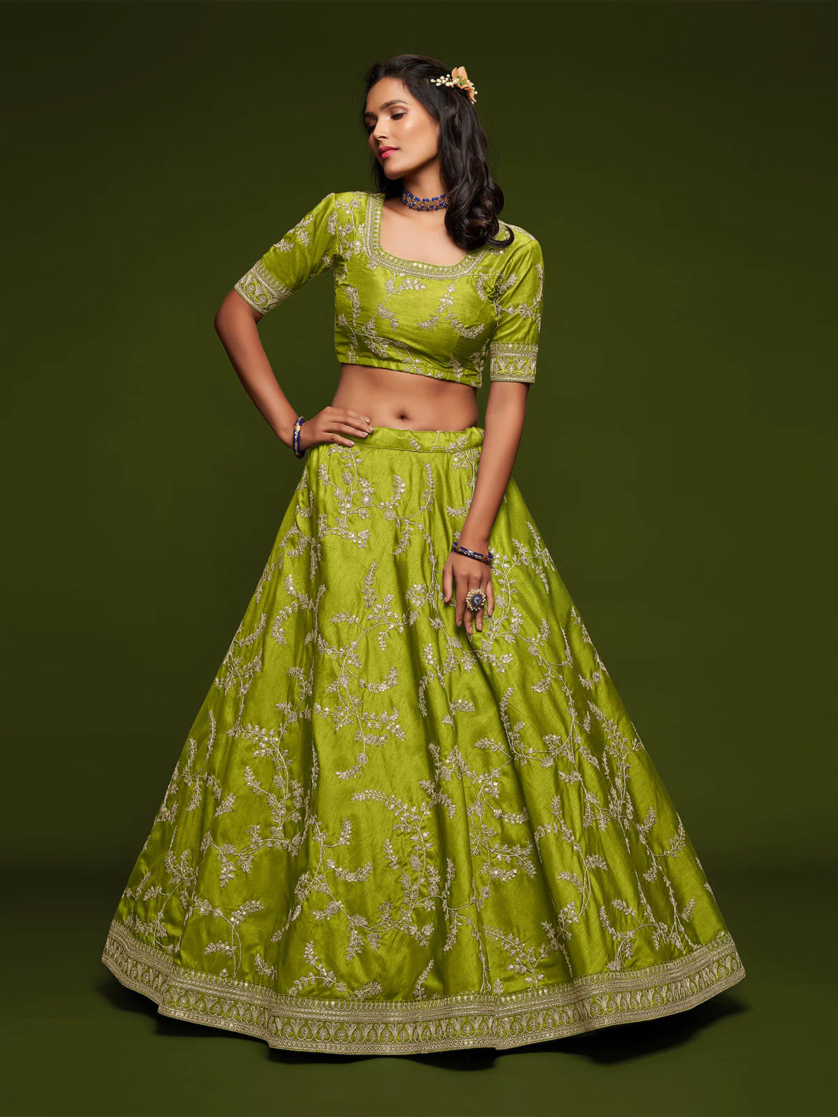 Odette Green Art Silk Embroidered Semi Stitched Lehenga With Unstitched Blouse For Women - Image 4