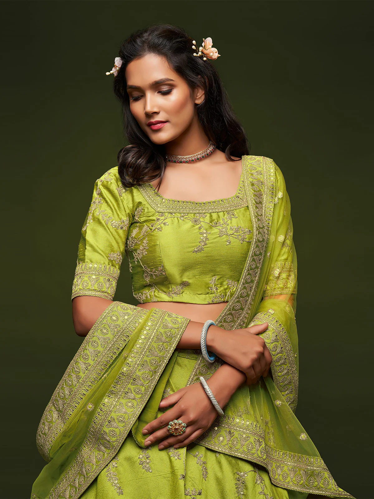 Odette Green Art Silk Embroidered Semi Stitched Lehenga With Unstitched Blouse For Women - Image 5