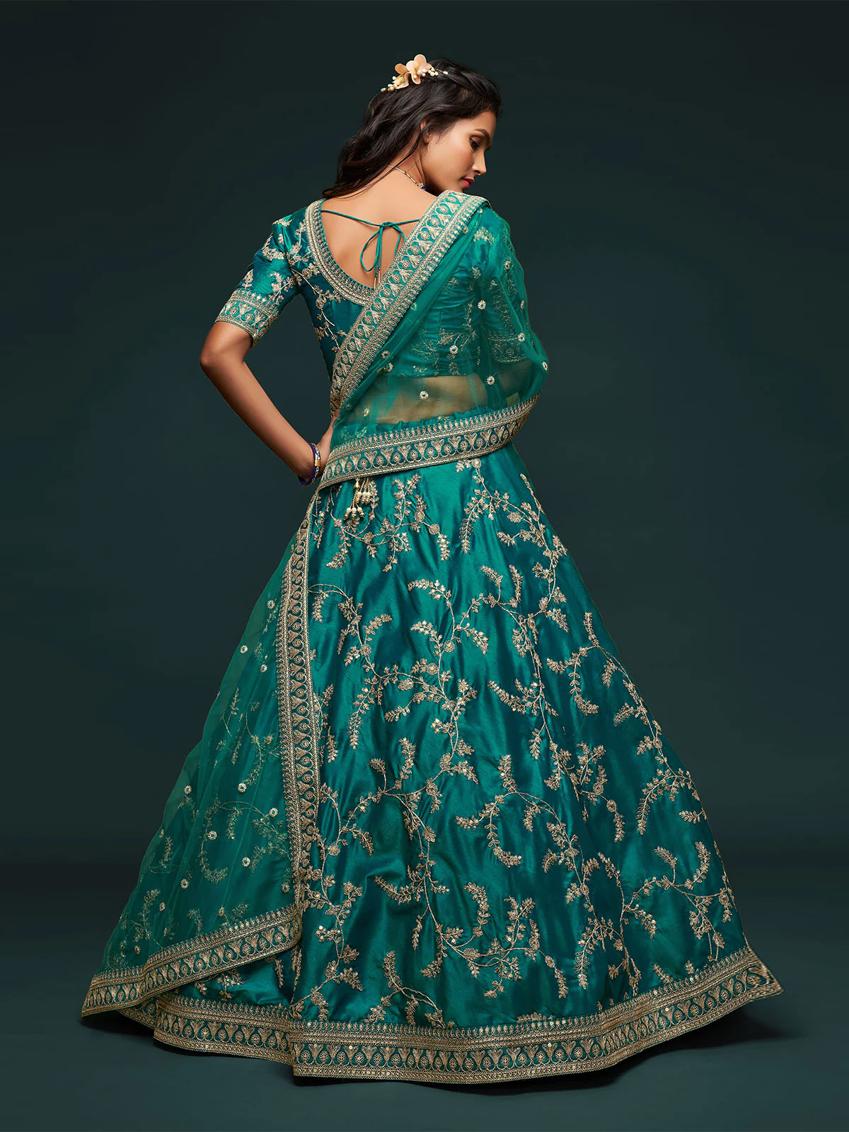 Odette Green Art Silk Embroidered Semi Stitched Lehenga With Unstitched Blouse For Women - Image 3