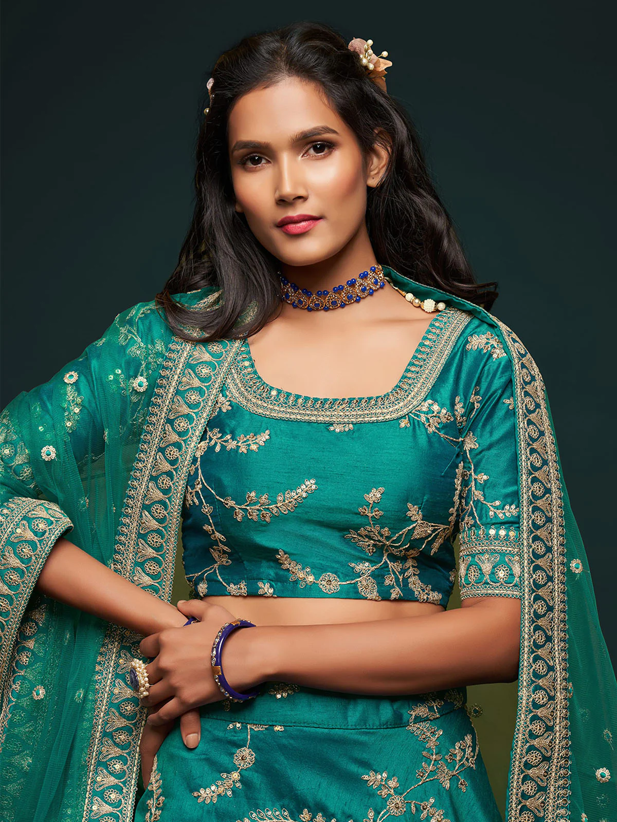 Odette Green Art Silk Embroidered Semi Stitched Lehenga With Unstitched Blouse For Women - Image 4