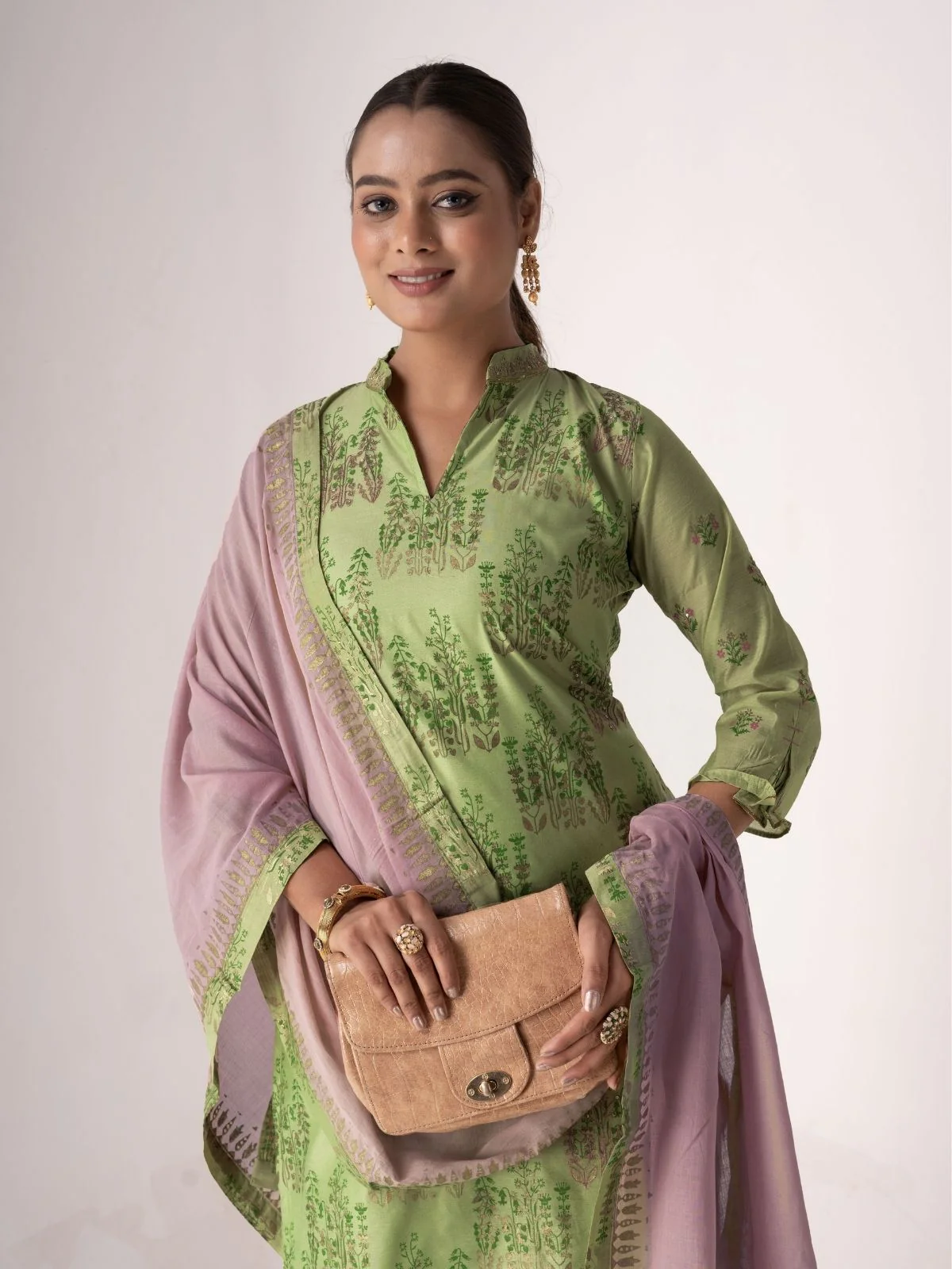 Odette Green Art Silk Printed Semi-Stitched Kurta Set For Women - Image 4