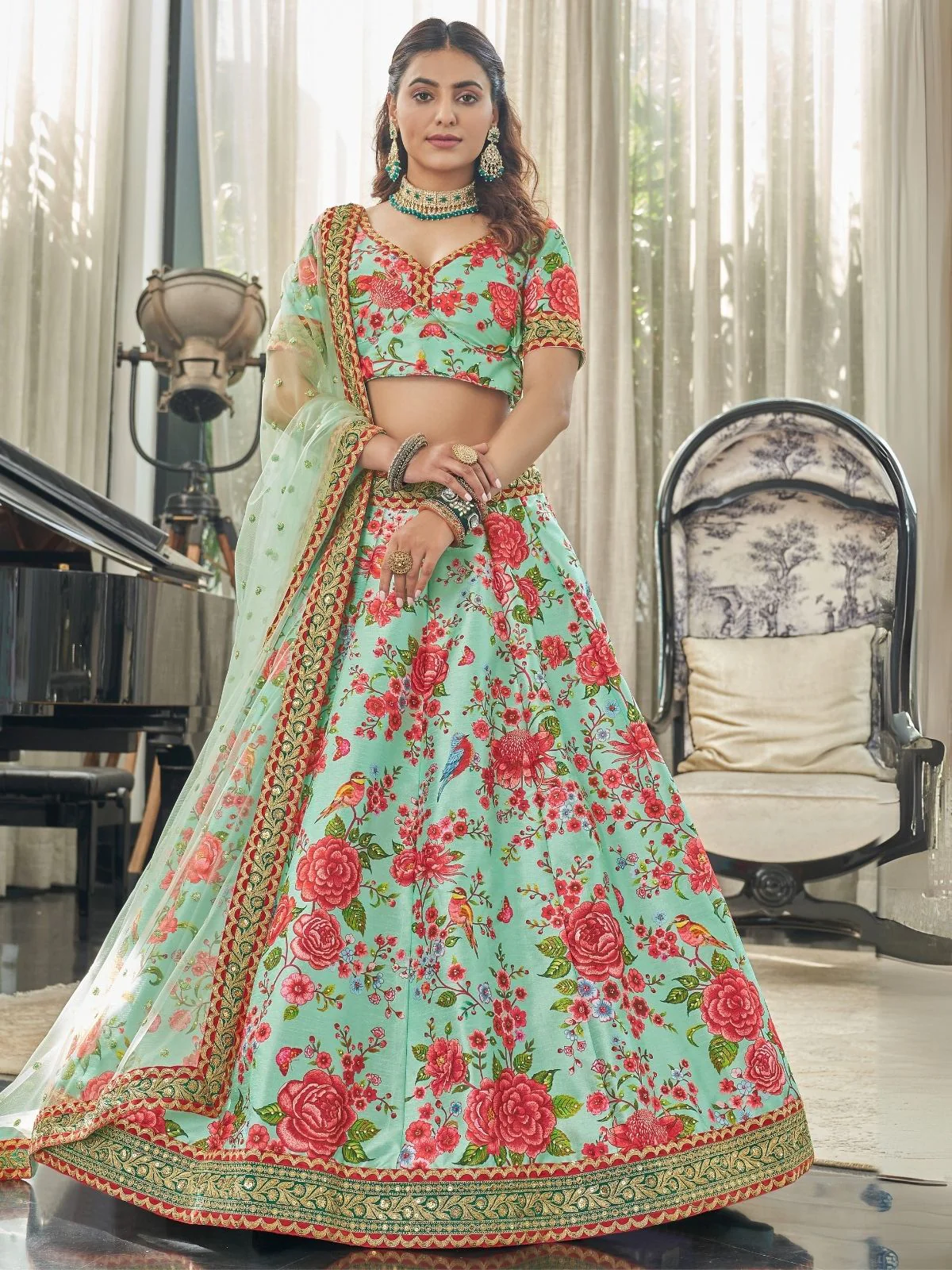 Odette Green Art Silk Printed Semi Stitched Lehenga With Blouse Unstitched For Women - Image 2