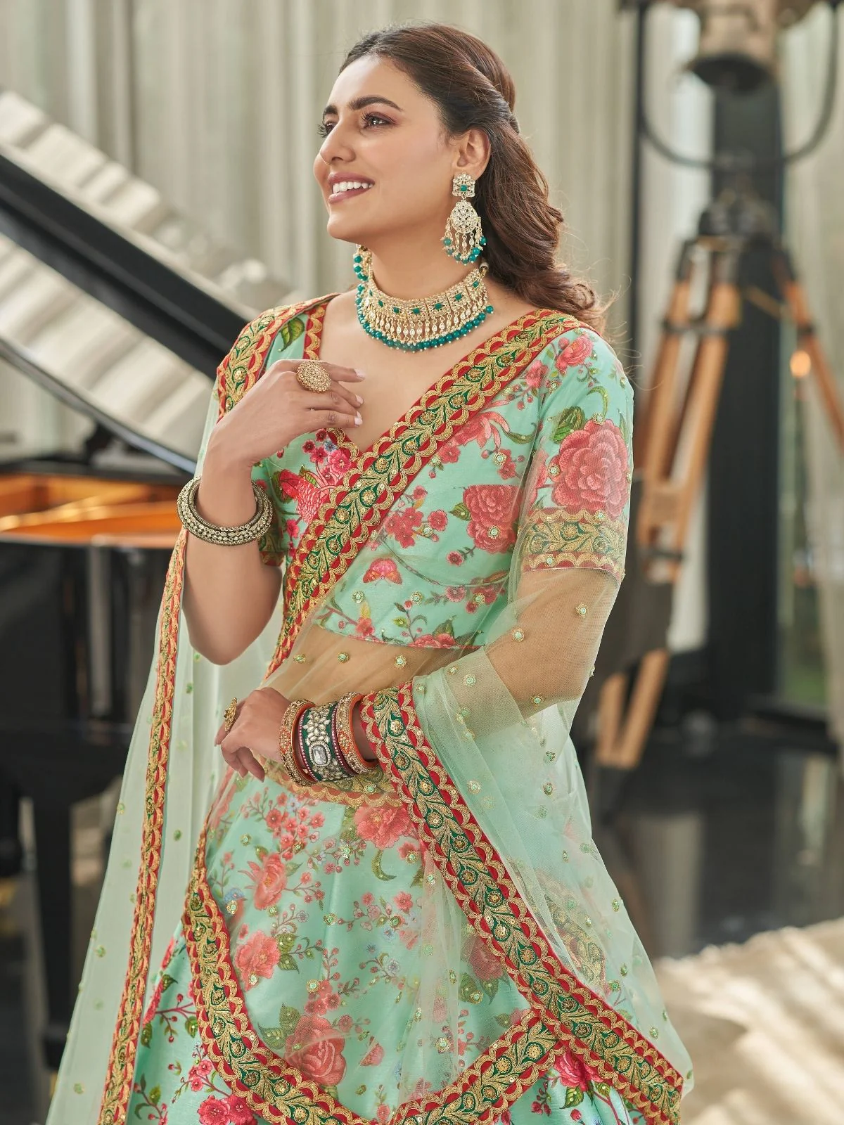Odette Green Art Silk Printed Semi Stitched Lehenga With Blouse Unstitched For Women - Image 4