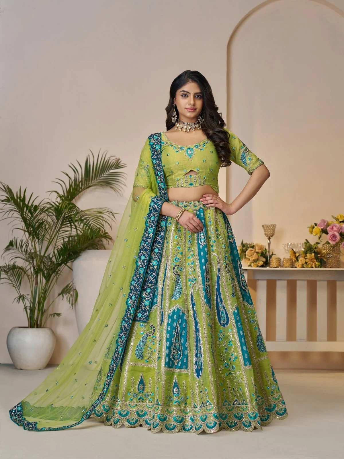 Odette Green Banarasi Silk Embroidered Semi-Stitched Lehenga For Women