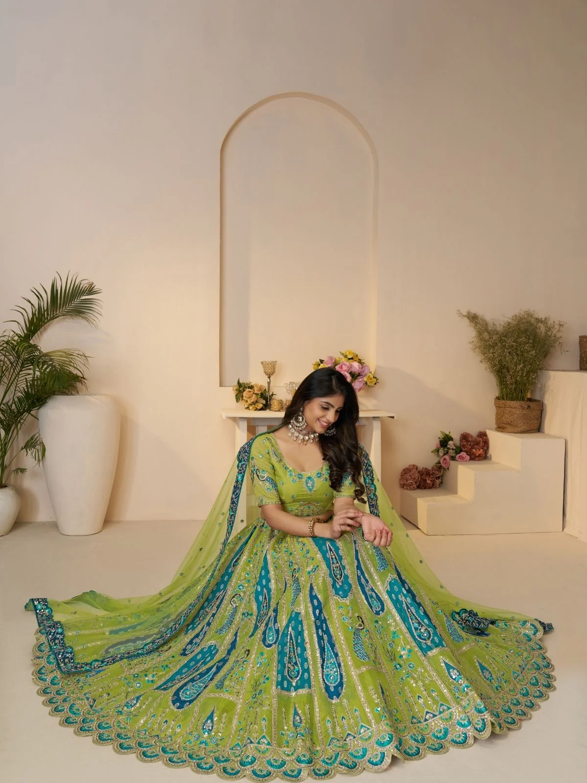 Odette Green Banarasi Silk Embroidered Semi-Stitched Lehenga For Women - Image 2