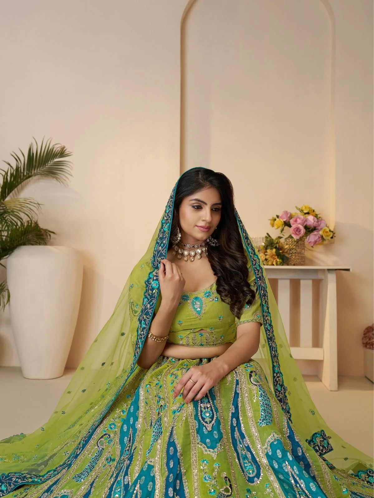 Odette Green Banarasi Silk Embroidered Semi-Stitched Lehenga For Women - Image 3