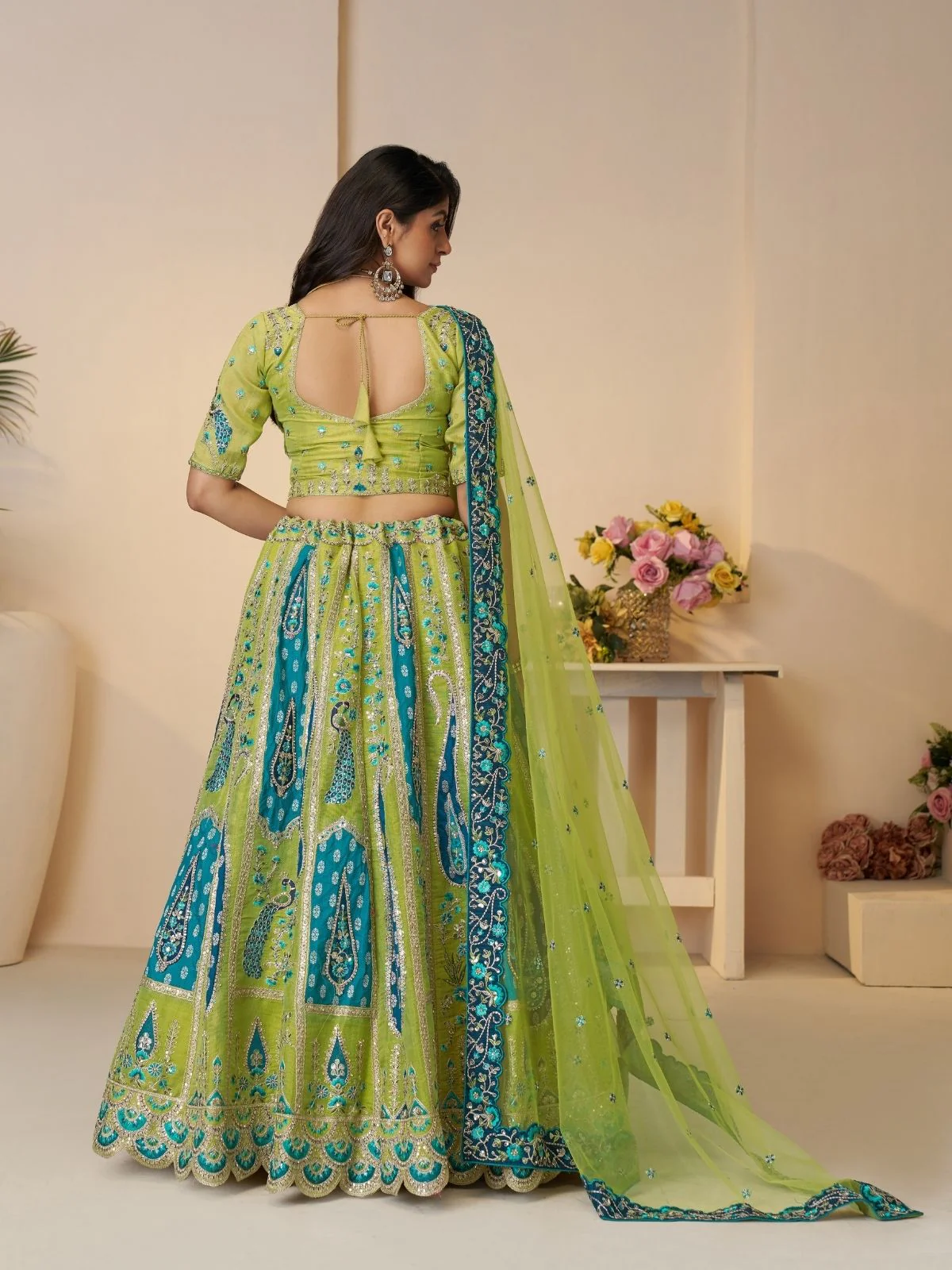 Odette Green Banarasi Silk Embroidered Semi-Stitched Lehenga For Women - Image 4