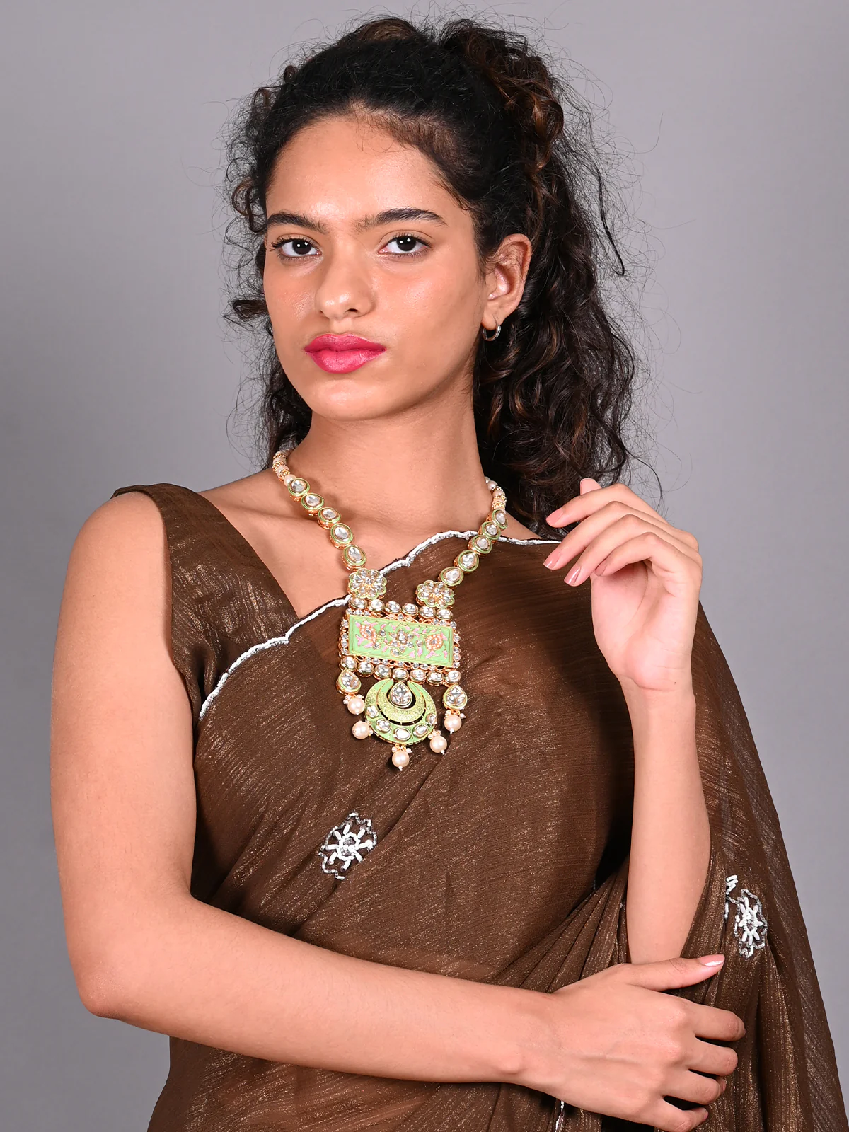 Odette Green Beads And Kundan Embellished Long Neck Piece For Women - Image 2