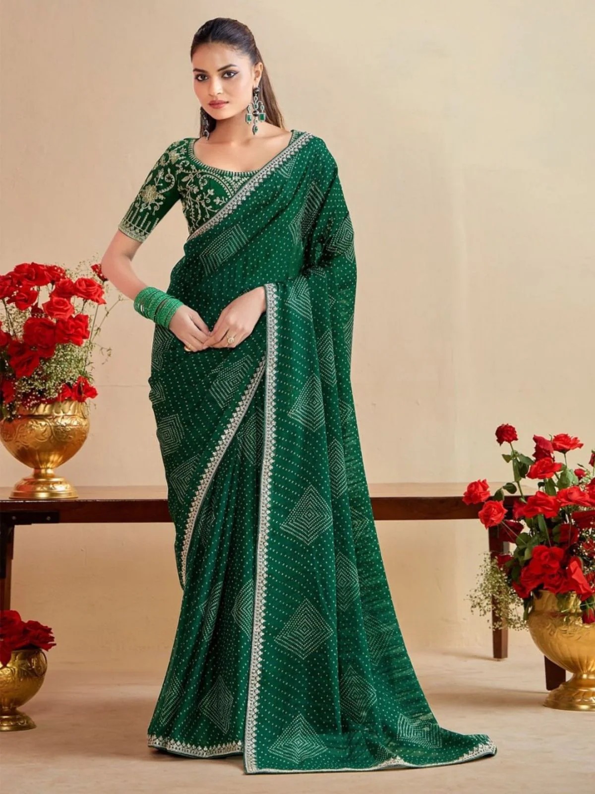 Odette Green Chiffon Embellished Saree For Women