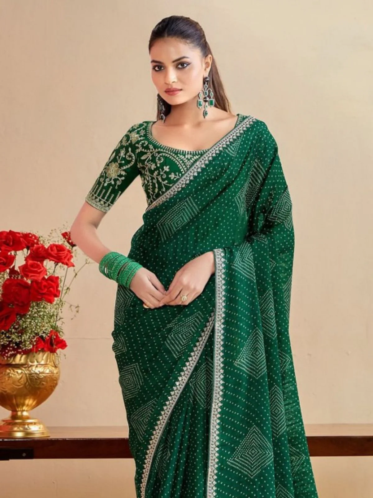 Odette Green Chiffon Embellished Saree For Women - Image 2