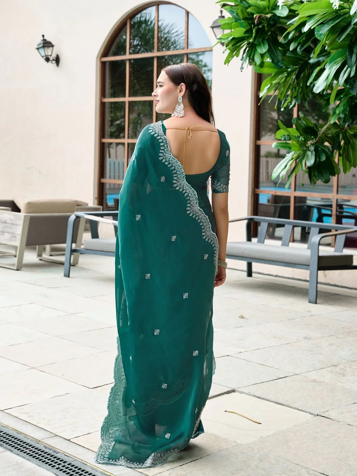 Odette Green Chiffon Embellished Saree For Women - Image 4