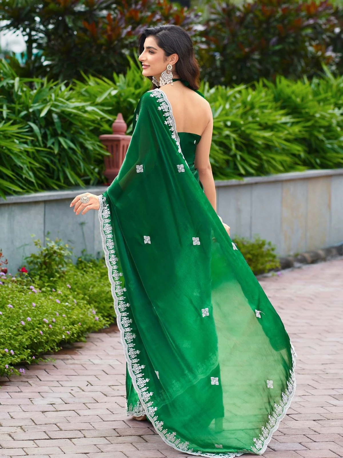 Odette Green Chiffon Embroidered Saree For Women - Image 4