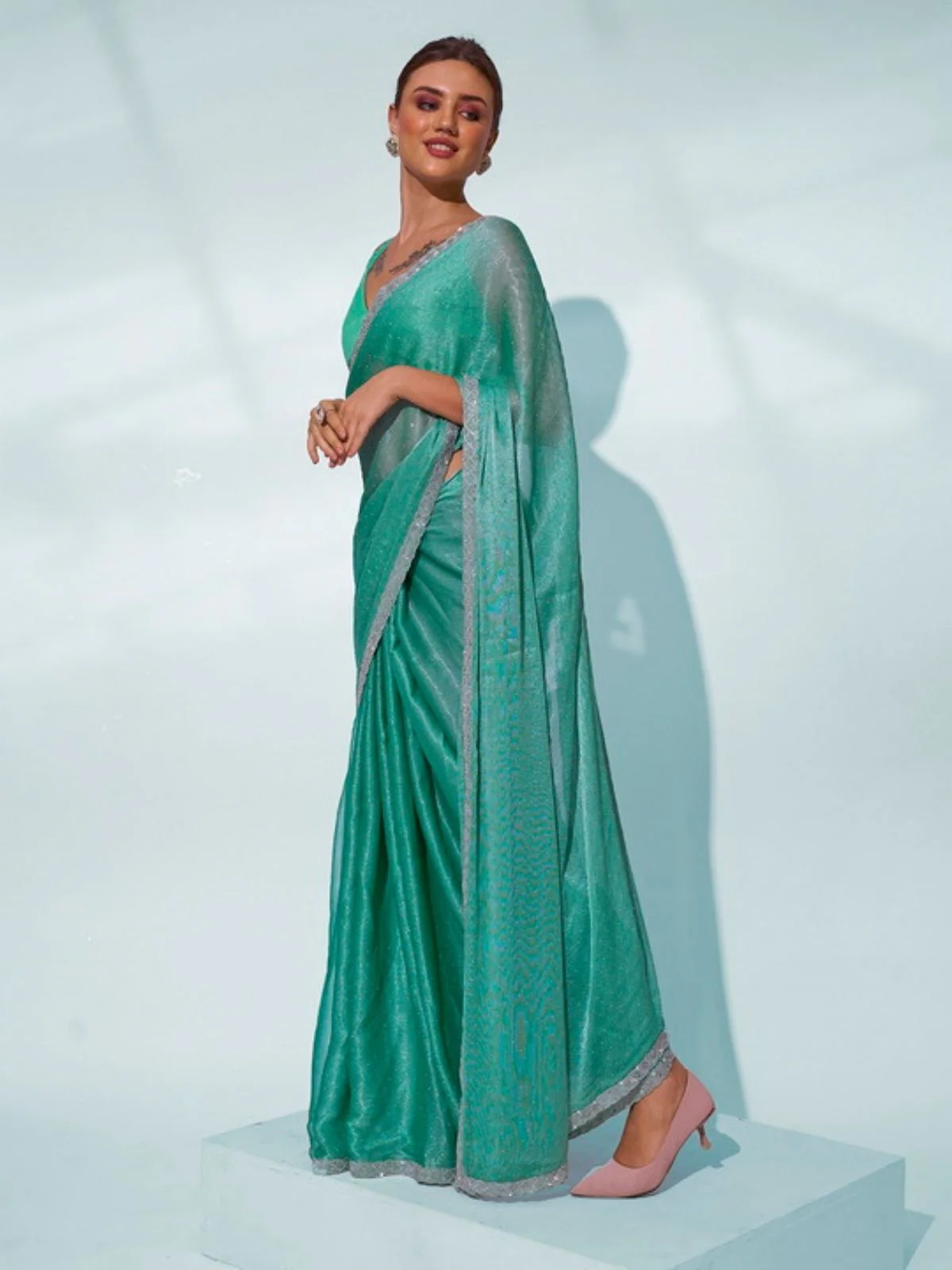 Odette Green Chiffon Lace Work Saree With Unstitched Blouse For Women - Image 2