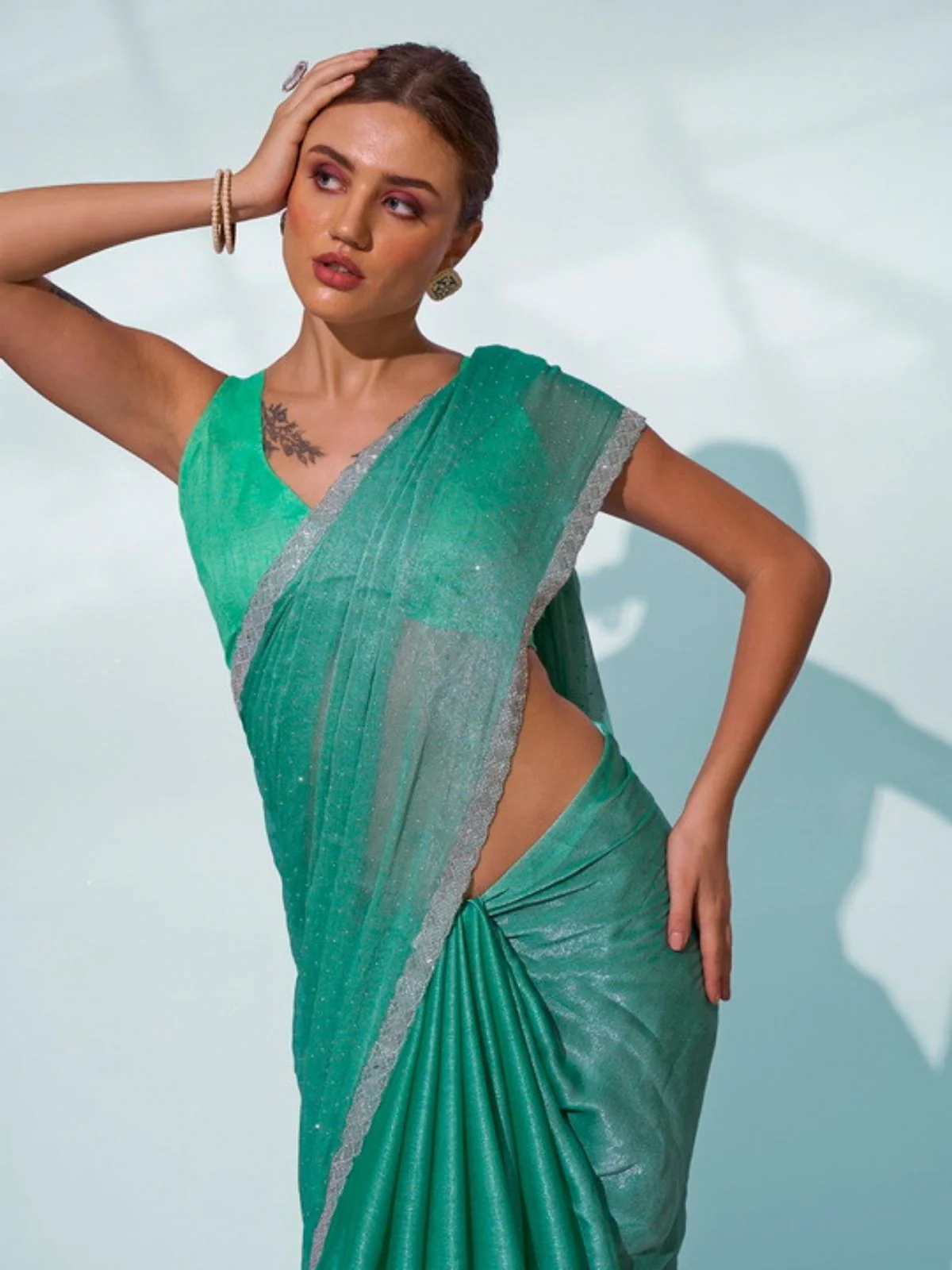 Odette Green Chiffon Lace Work Saree With Unstitched Blouse For Women - Image 4