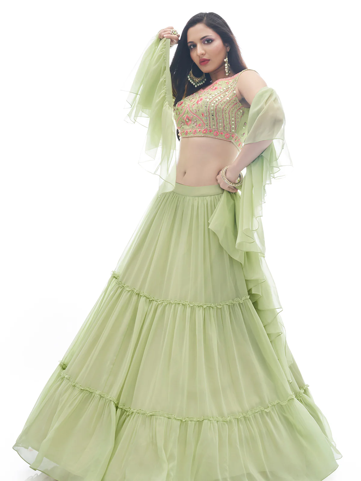 Odette Green Georgette Embellished Stitched Lehenga With Stitched Blouse For Women - Image 2