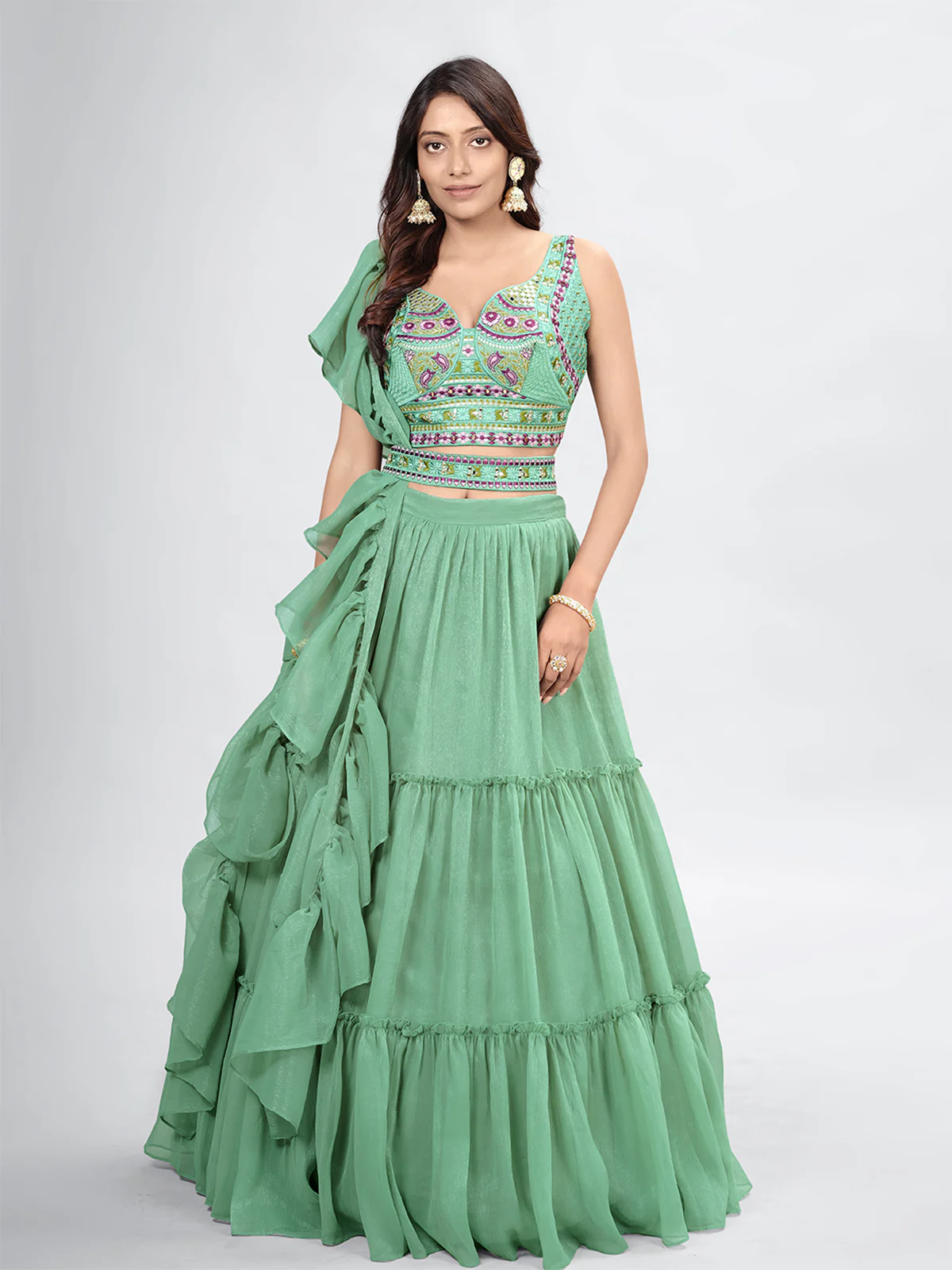 Odette Green Chiffon Embellished Stitched Lehenga With Stitched Blouse For Women