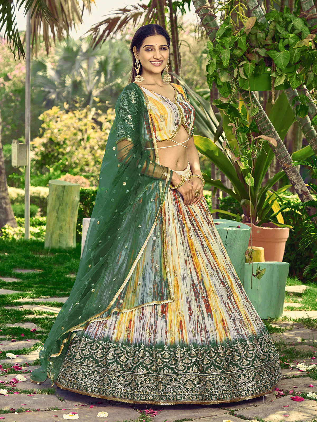 Odette Green Chinon Embellished Semi Stitched Lehenga With Unstitched Blouse For Women - Image 2