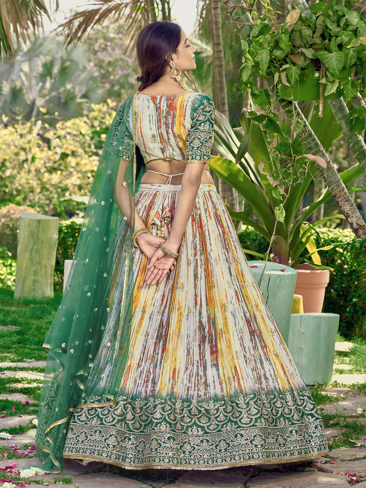 Odette Green Chinon Embellished Semi Stitched Lehenga With Unstitched Blouse For Women - Image 4