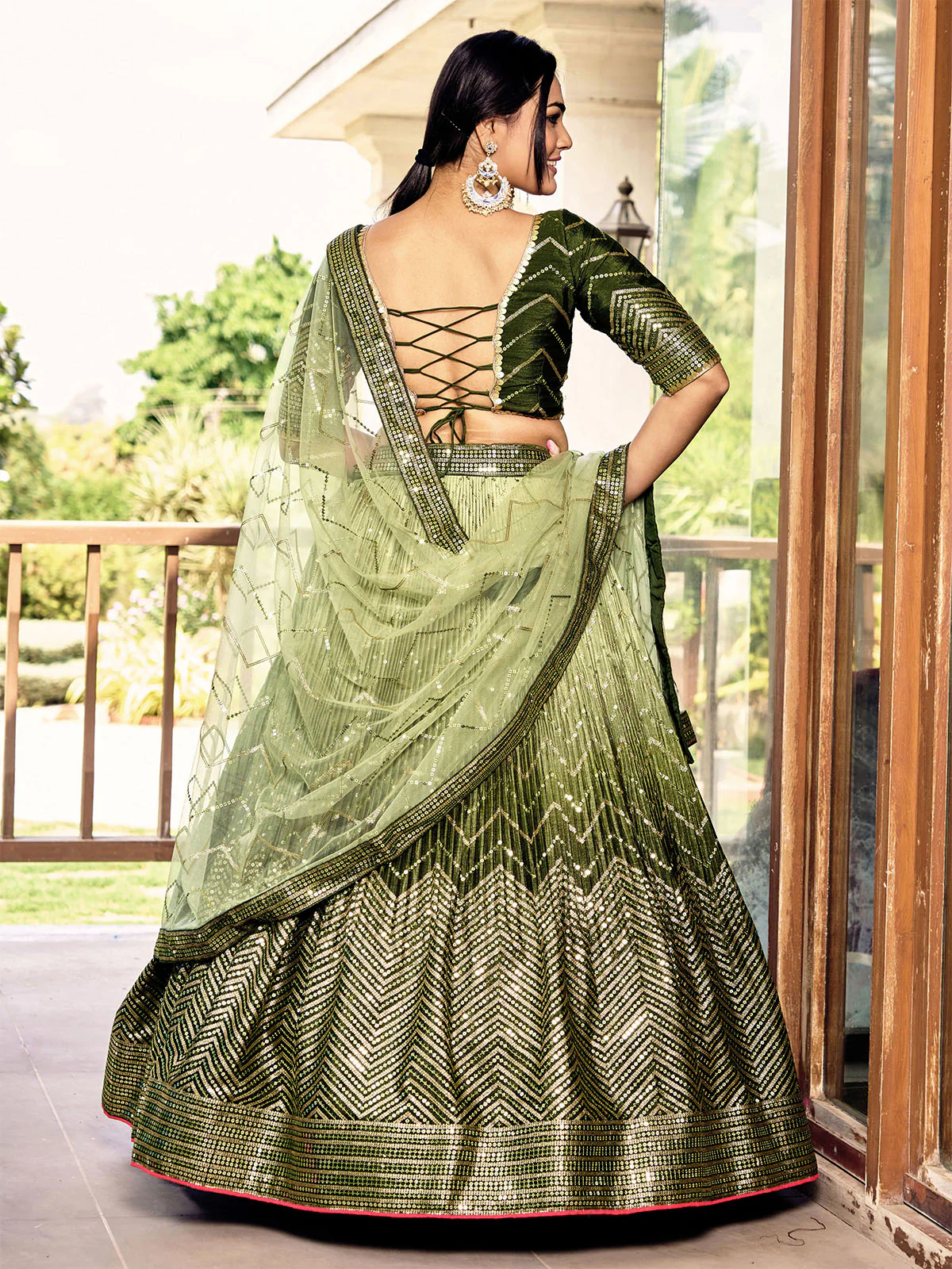 Odette Green Chinon Embellished Semi Stitched Lehenga With Unstitched Blouse For Women - Image 3