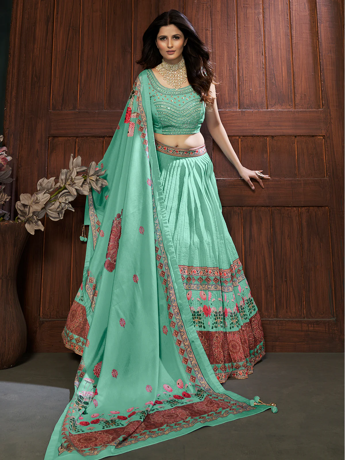 Odette Sea Green Chinon Embellished Stitched Lehenga Set For Women - Image 2