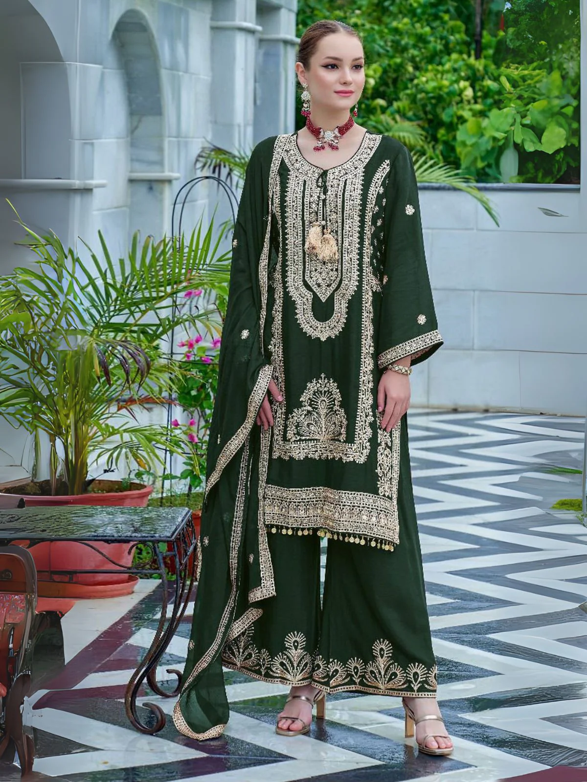 Odette Green Chinon Embroidered Semi-Stitched Kurta Set For Women