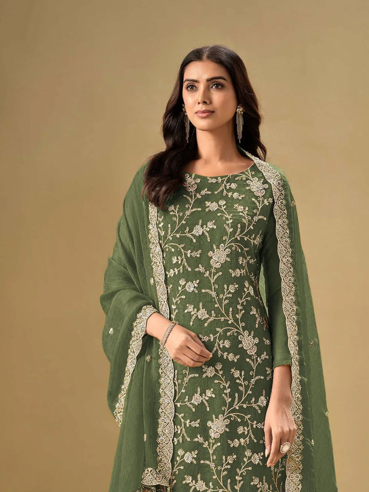 Odette Green Chinon Embroidered Semi-Stitched Kurta Set For Women - Image 2