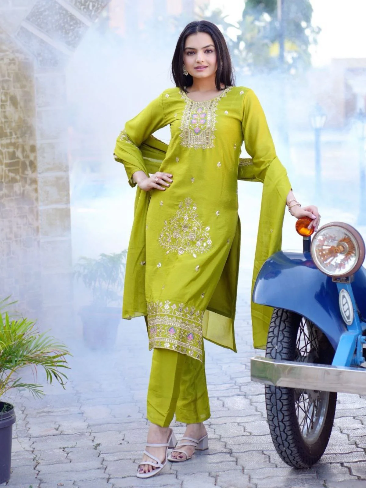 Odette Green Chinon Embroidered Stitched Kurta Set For Women