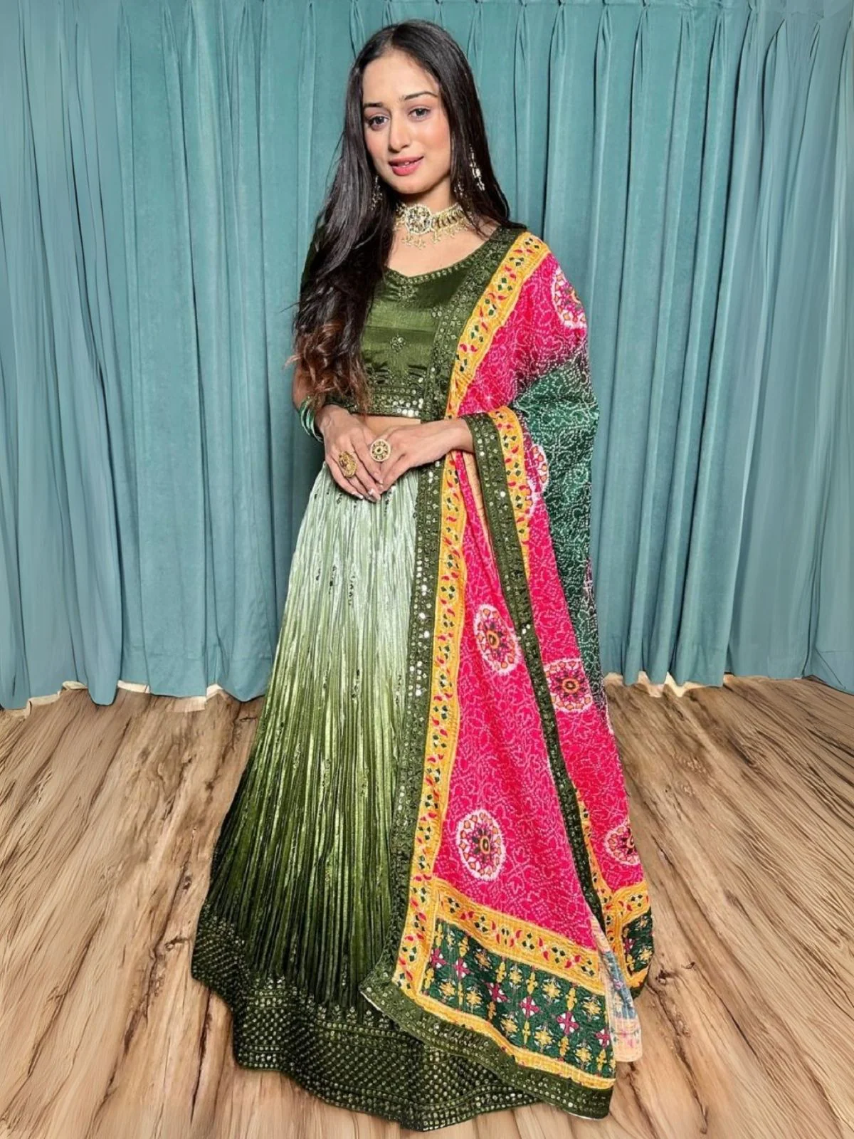 Odette Green Chinon Silk Embroidered Semi-Stitched Lehenga For Women