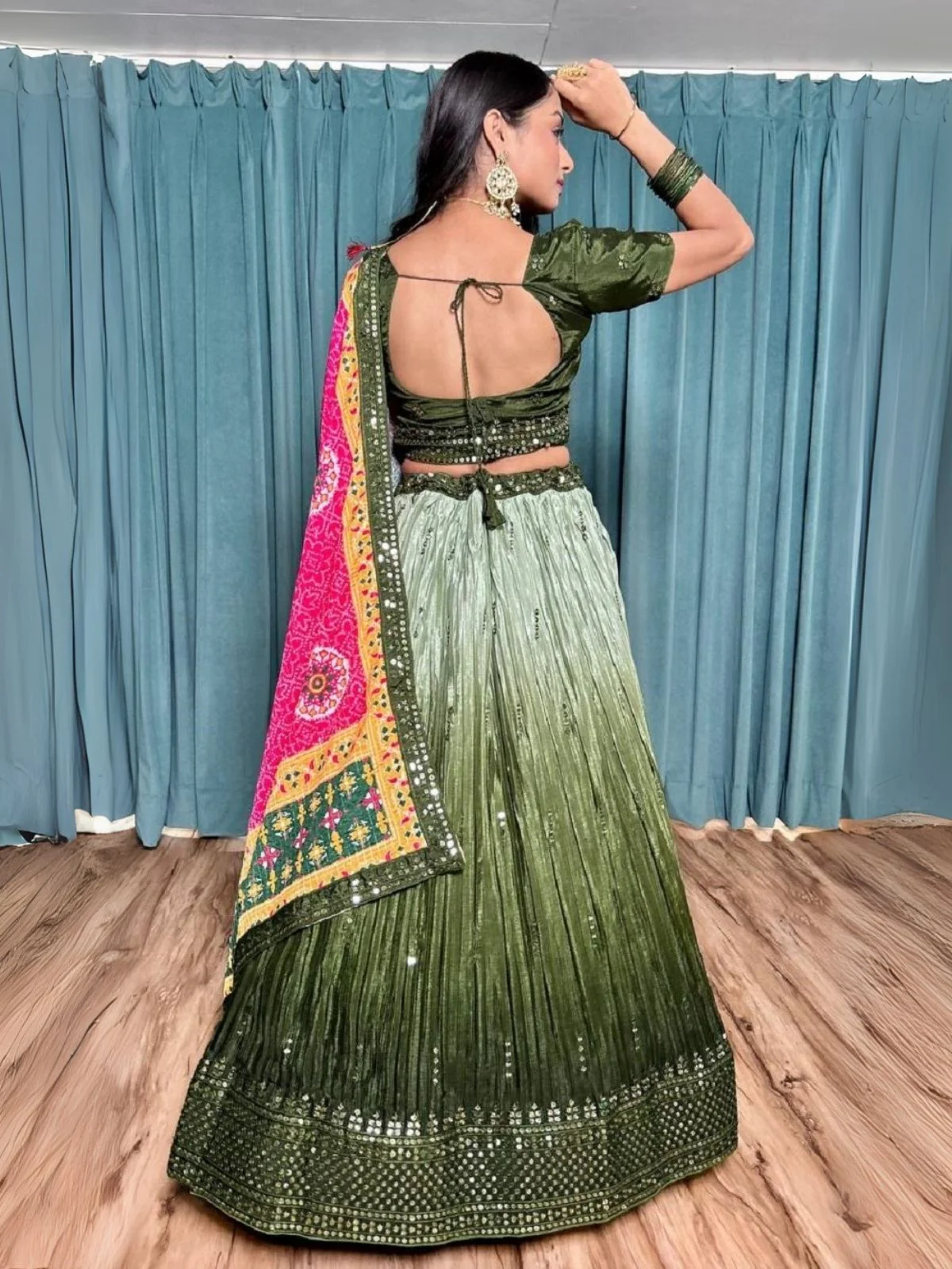 Odette Green Chinon Silk Embroidered Semi-Stitched Lehenga For Women - Image 2