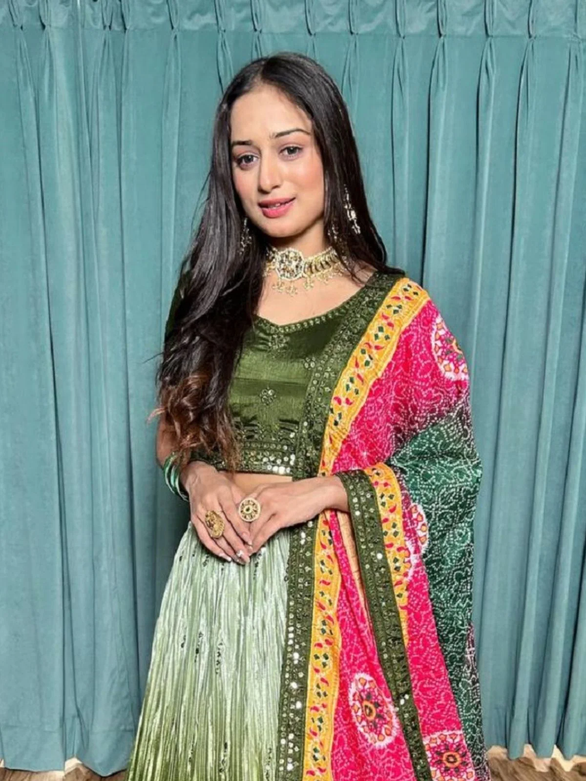 Odette Green Chinon Silk Embroidered Semi-Stitched Lehenga For Women - Image 3