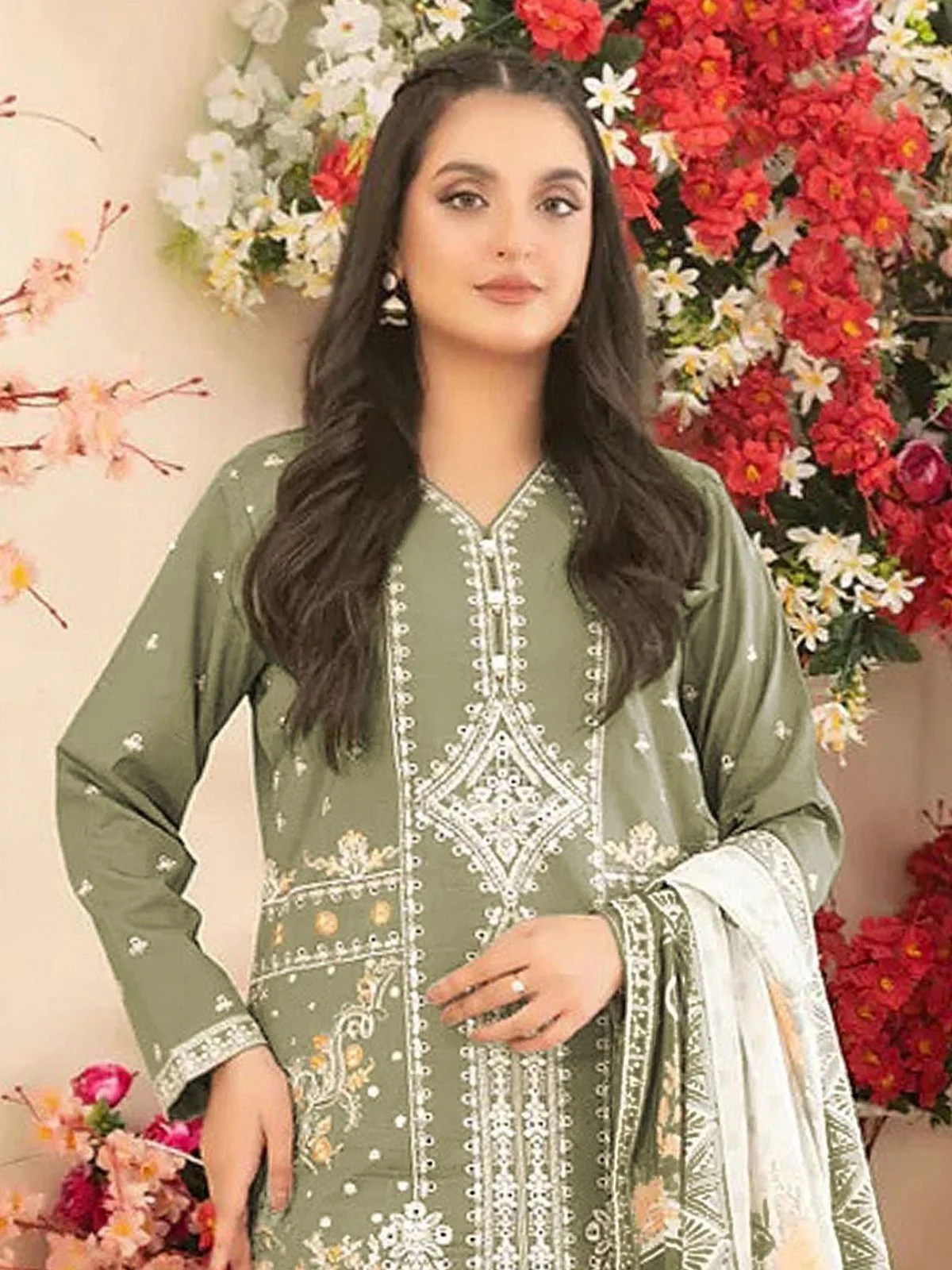 Odette Green Cotton Blend Embroidered Semi Stitched Kurta Set For Women - Image 2