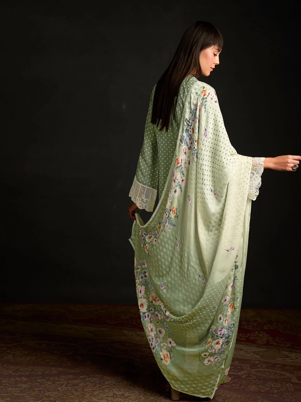 Odette Green Cotton Blend  Embroidered Semi-Stitched Kurta Set For Women - Image 2