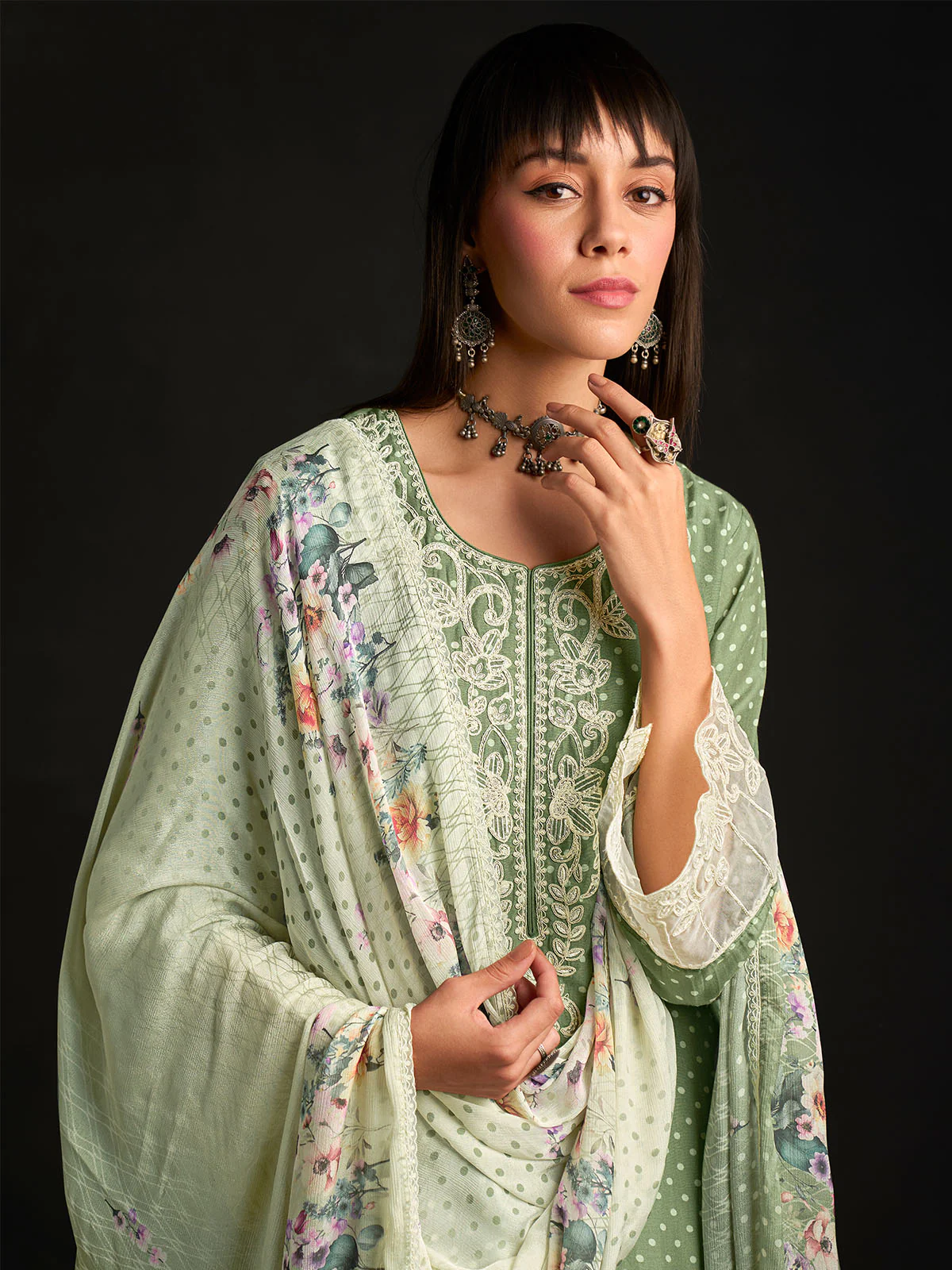 Odette Green Cotton Blend  Embroidered Semi-Stitched Kurta Set For Women - Image 3