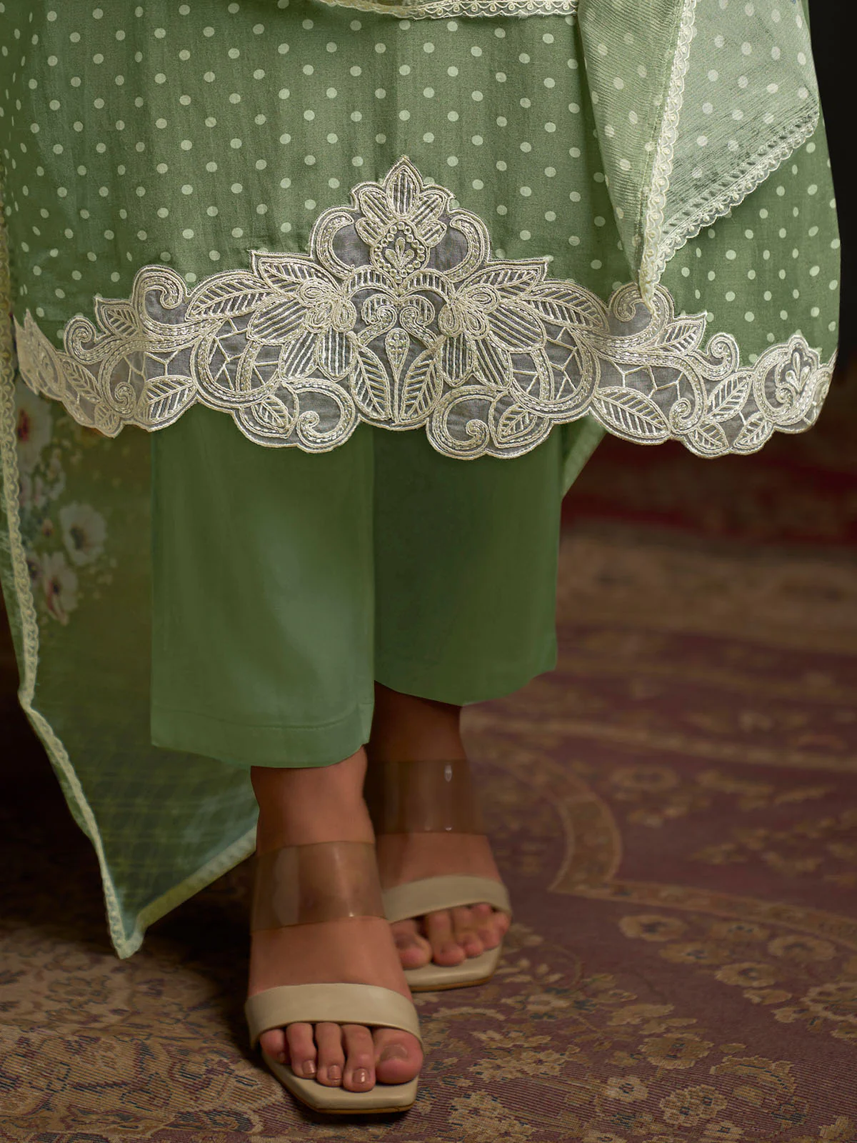 Odette Green Cotton Blend  Embroidered Semi-Stitched Kurta Set For Women - Image 4