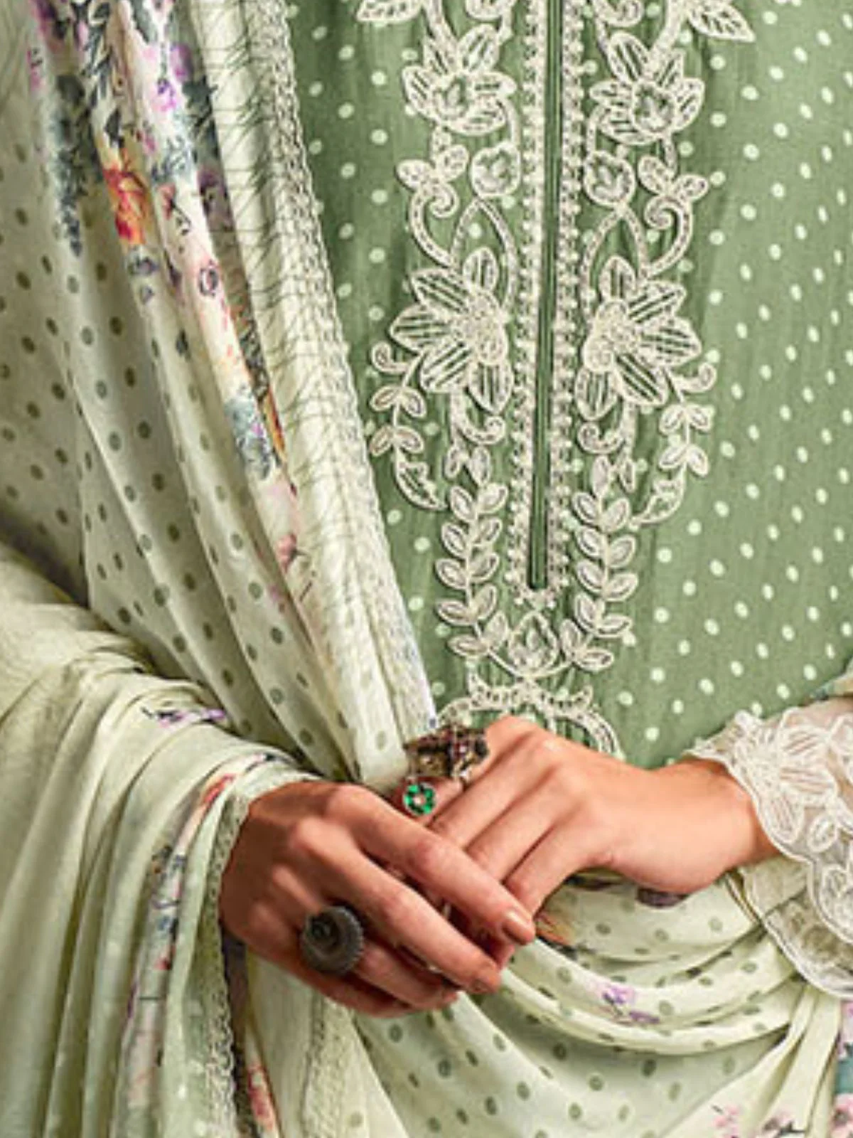 Odette Green Cotton Blend  Embroidered Semi-Stitched Kurta Set For Women - Image 5