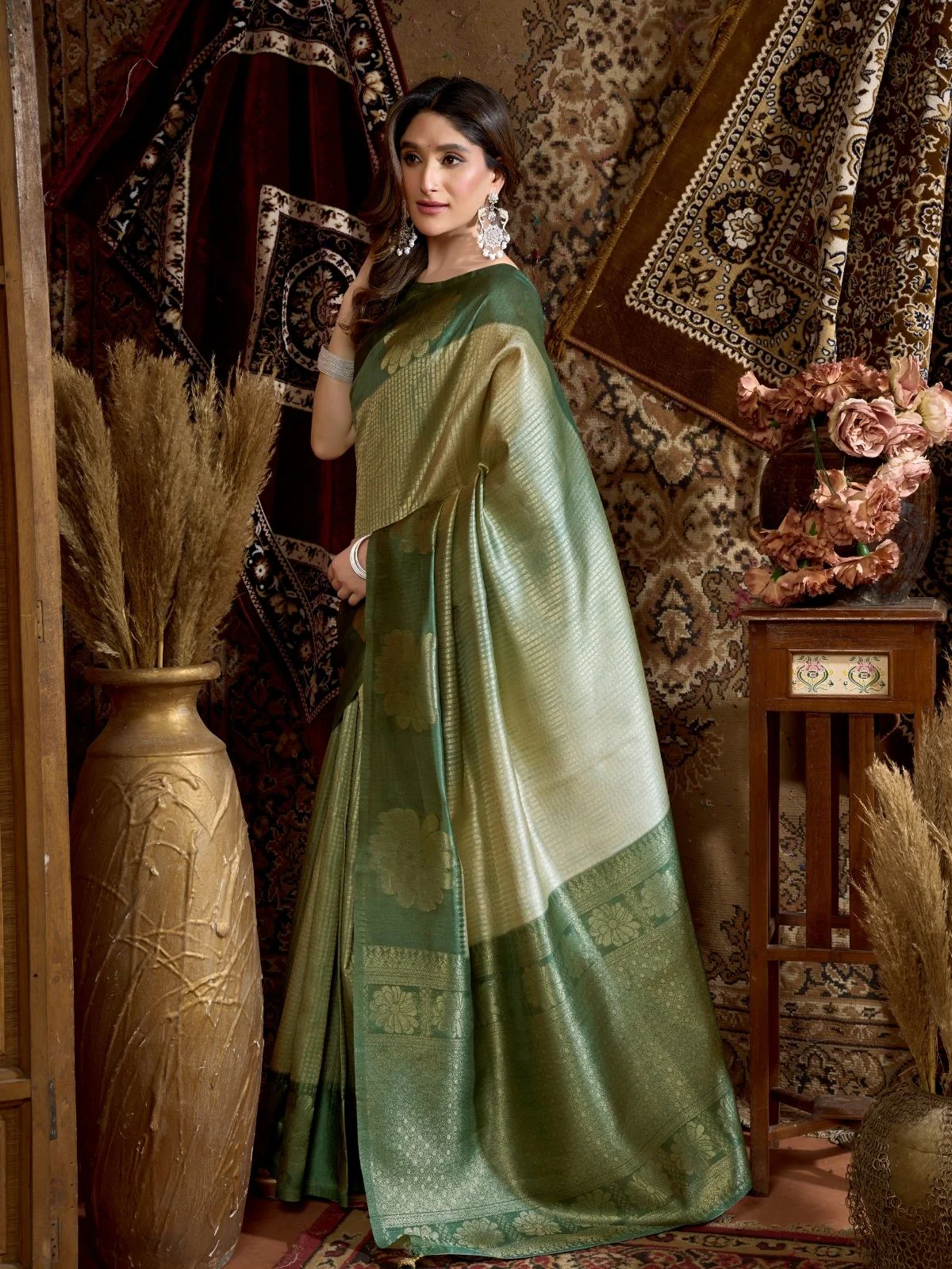 Odette Green Cotton Blend Printed Saree For Women - Image 2