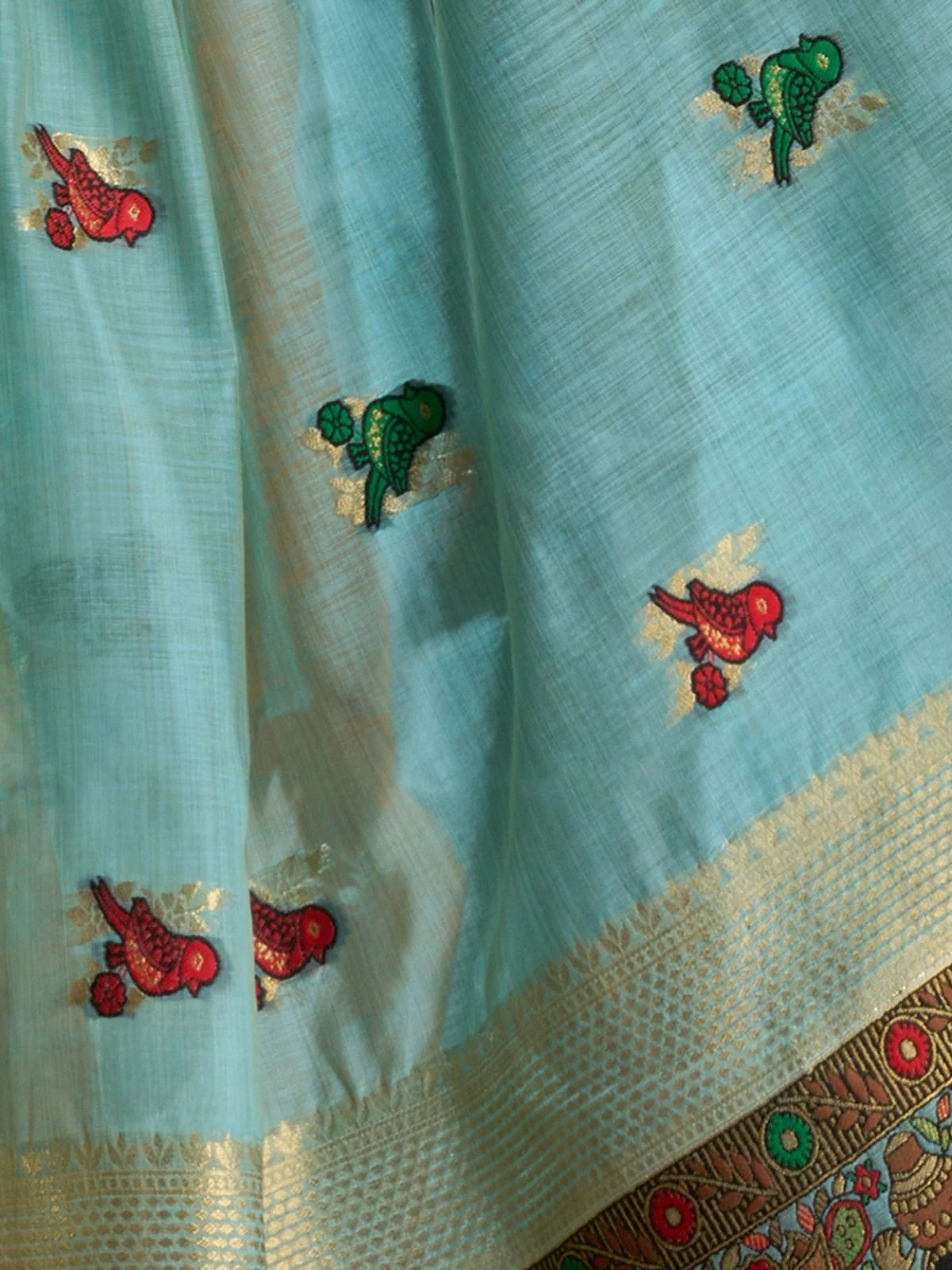 Odette Green Cotton Blend Woven Saree For Women - Image 6