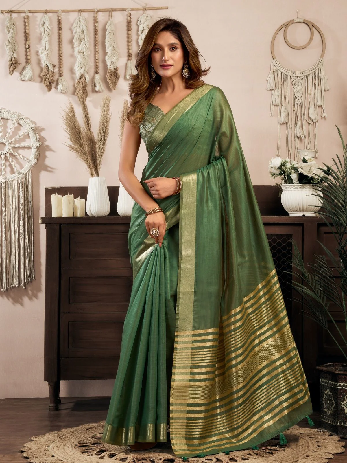 Odette Green Cotton Blend Woven Saree For Women