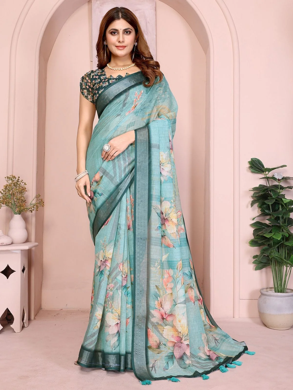 Odette Green Cotton Linen Printed Saree For Women