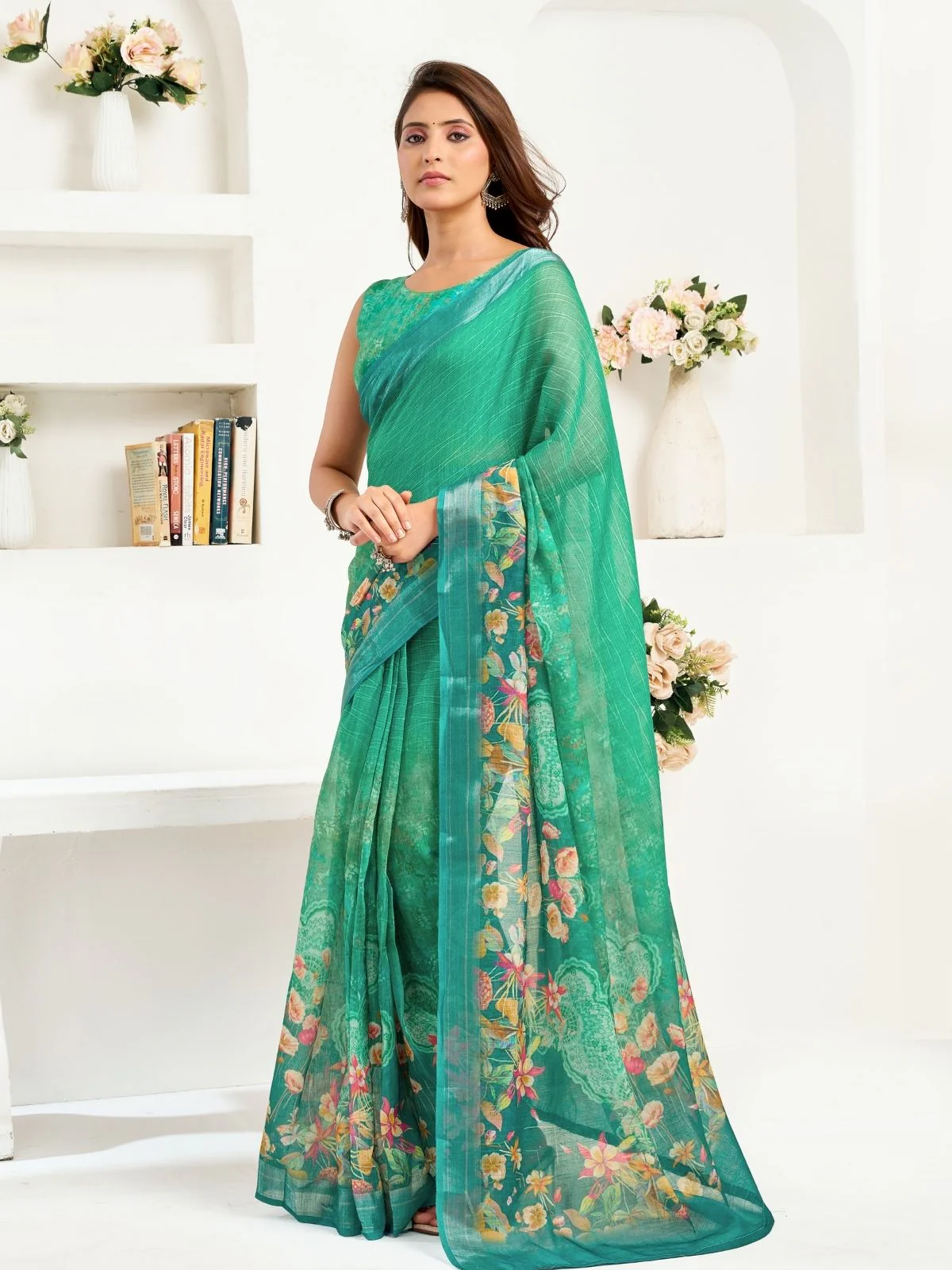 Odette Green Cotton Linen Zari Work Saree For Women - Image 3