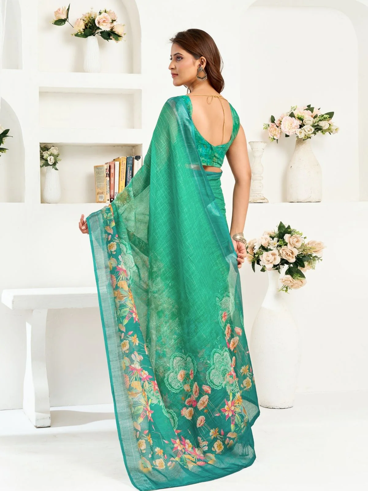 Odette Green Cotton Linen Zari Work Saree For Women - Image 4
