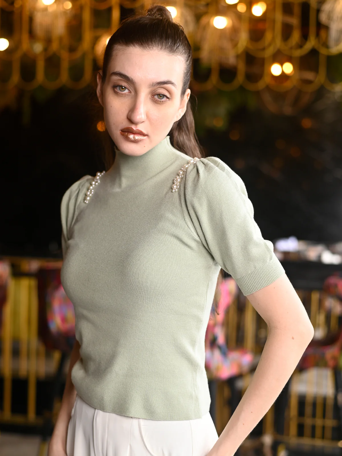 Odette Green Cotton Rib Embellished Top For Women - Image 3