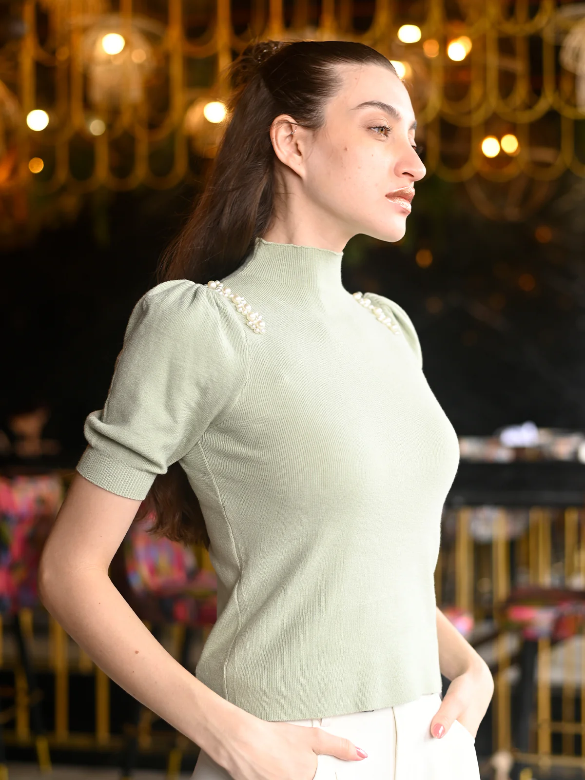 Odette Green Cotton Rib Embellished Top For Women - Image 4
