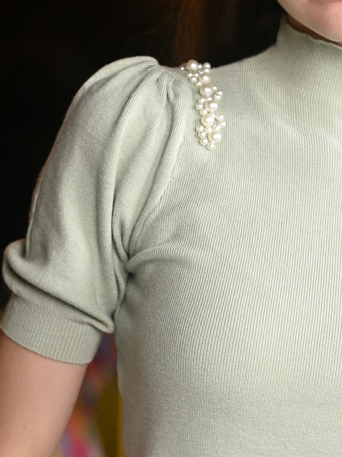Odette Green Cotton Rib Embellished Top For Women - Image 6