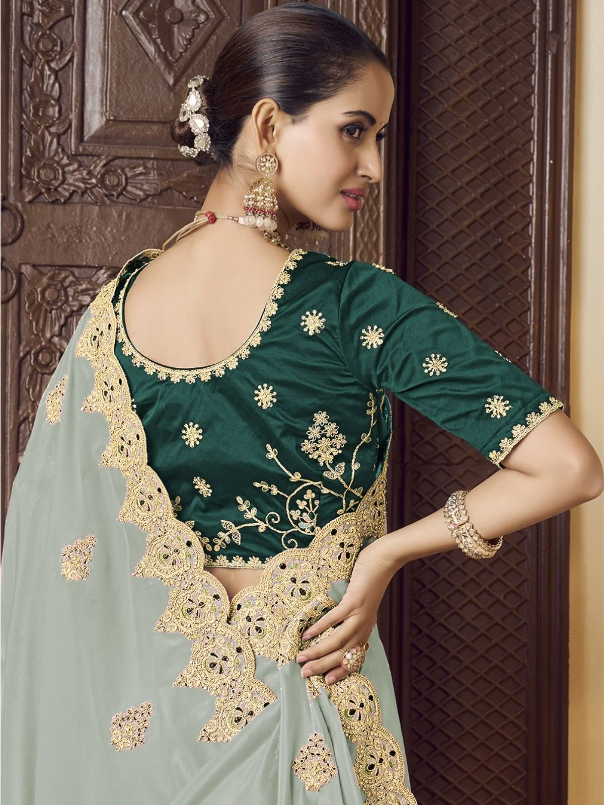 Odette Green Crepe Embroidered Elegant Saree For Women - Image 2