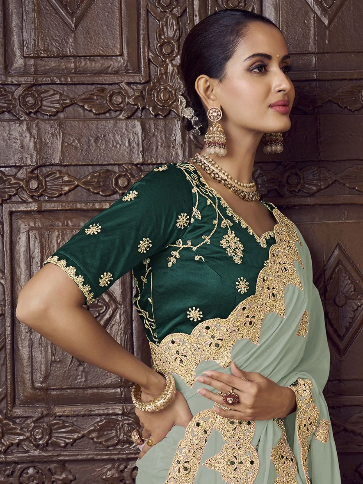 Odette Green Crepe Embroidered Elegant Saree For Women - Image 3